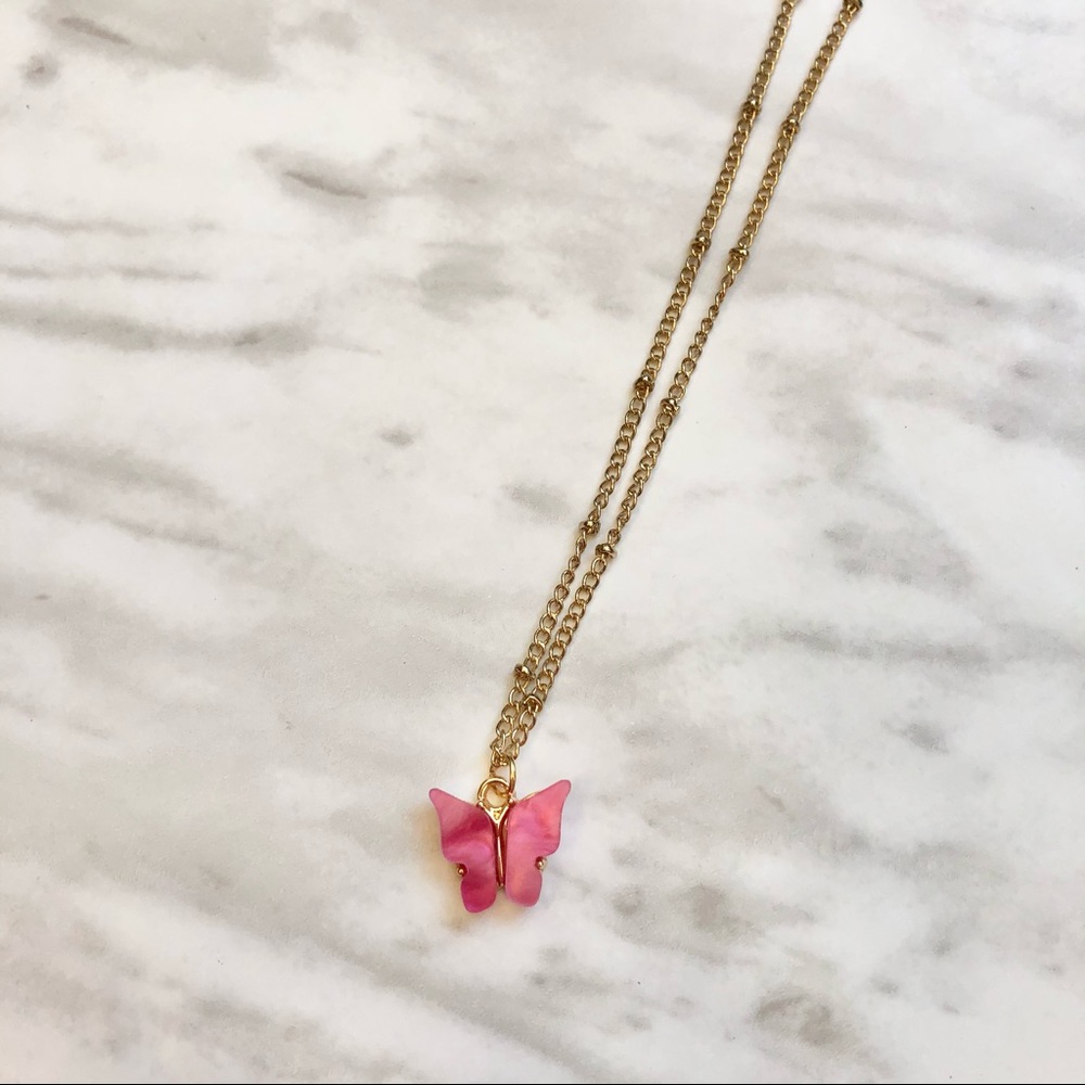 🎉 New Bright Pink Butterfly Adjustable Gold Plated Necklace